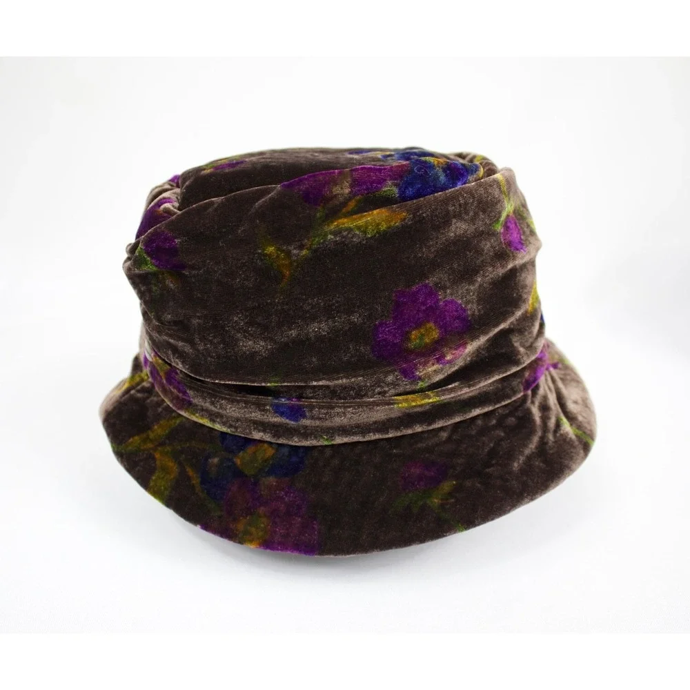 Vintage Liz Claiborne Brown Floral Velvet Bucket Hat w Bow OS Grannycore‎